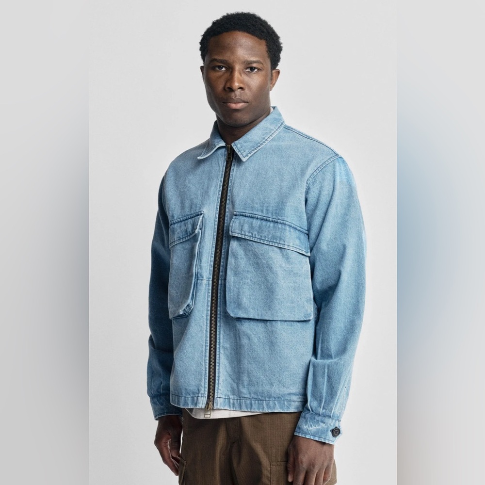 Unisex/ Men's 18 East BELLOWS ZIP FRONT COACH'S JACKET - BLEACHED 13 oz. DENIM